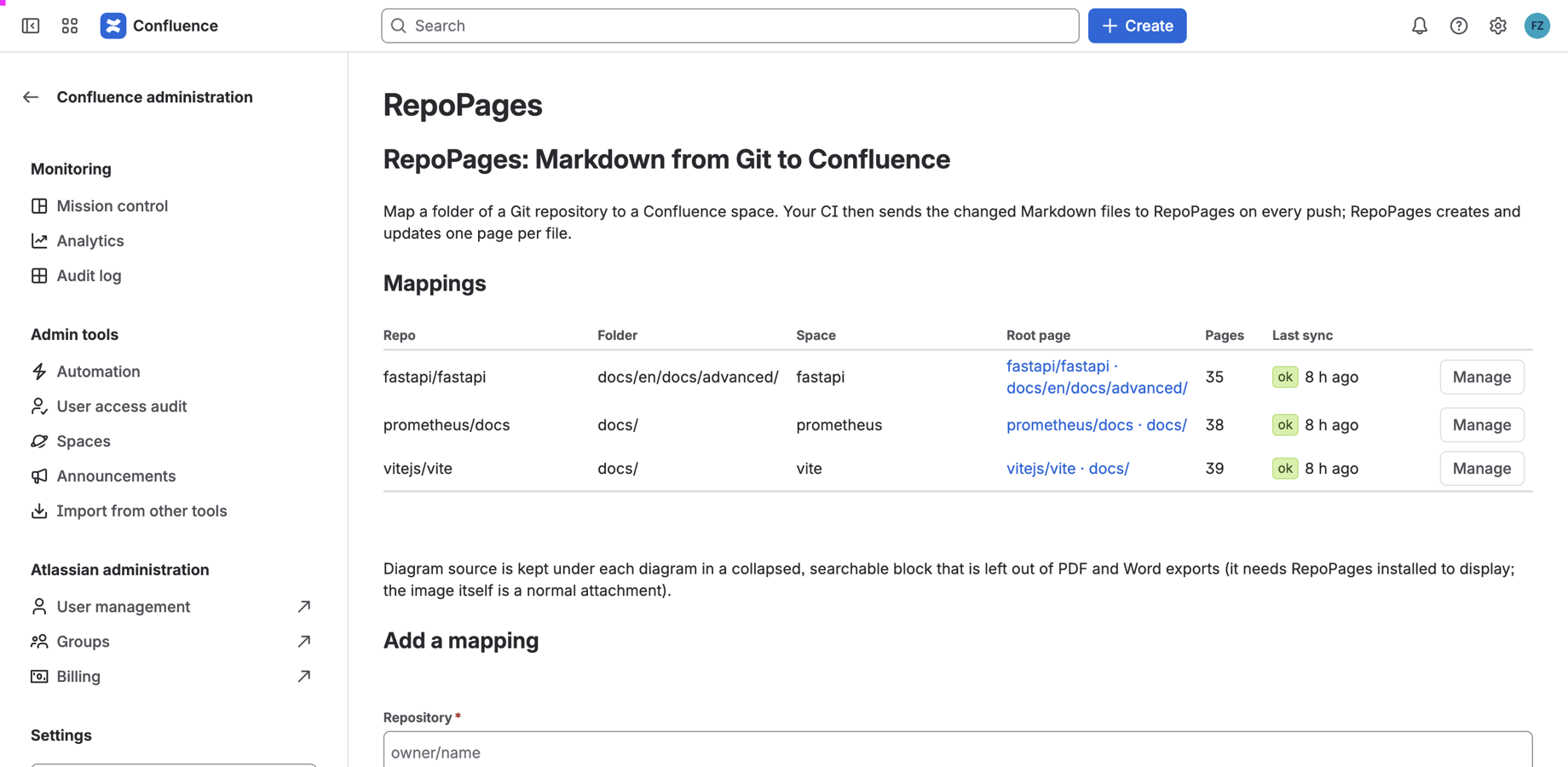 The RepoPages settings screen in Confluence with three mapped repositories
