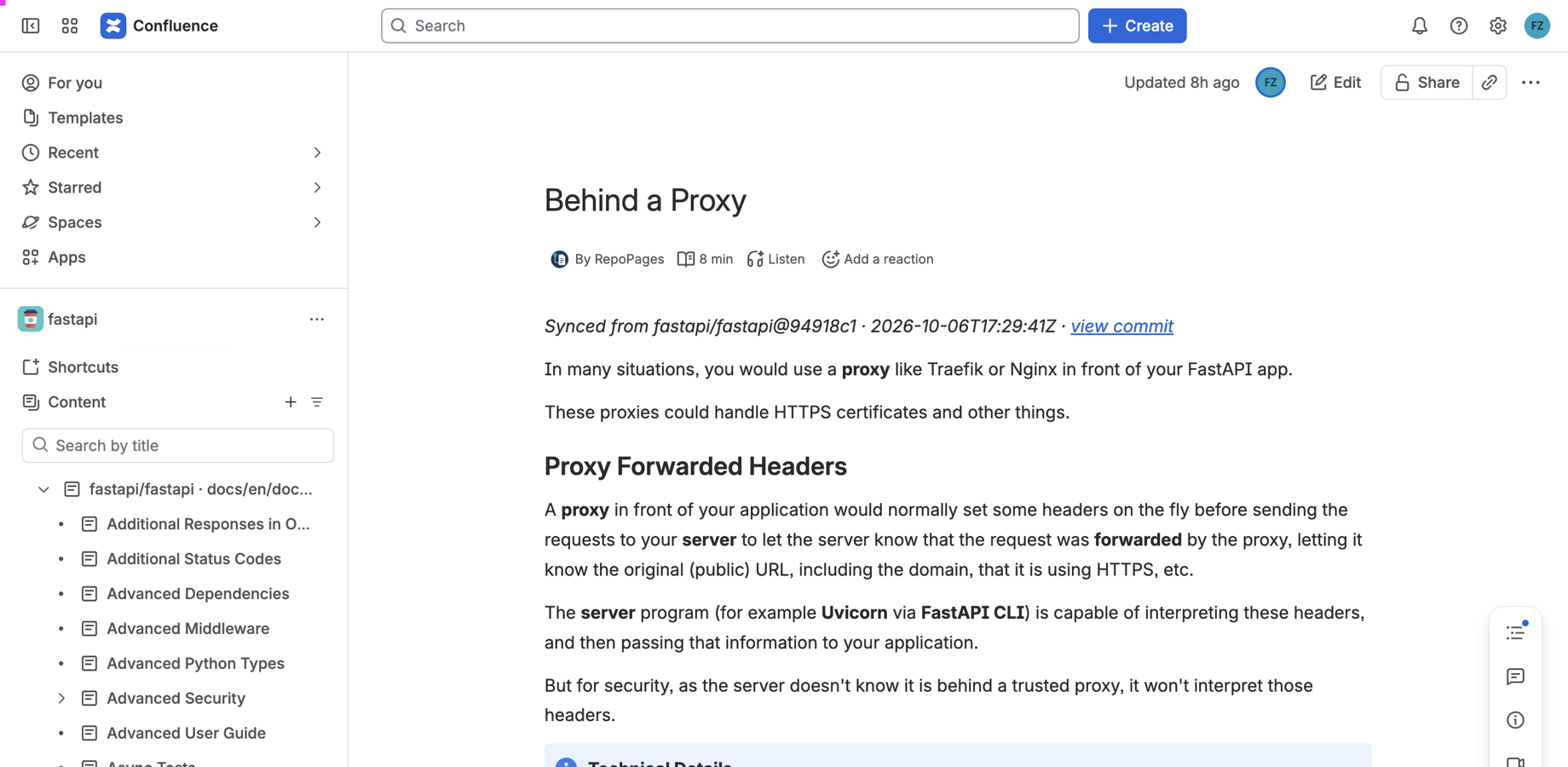 A synced page with the byline Synced from fastapi/fastapi, view commit